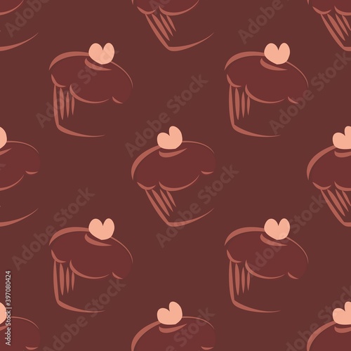 Seamless dark vector pattern or tile texture with chocolate cupcakes, muffins, sweet cake and pink heart and brown background