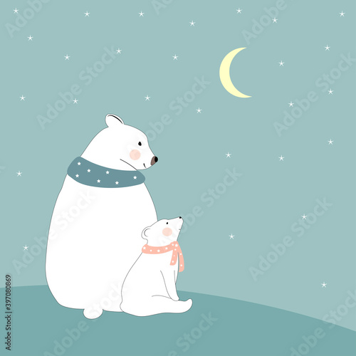 Cute Polar bear Mommy and child looking at crescent moon and star,Happy family Dad bear and cub siting together,Greeting card for Baby shower, kid birthday,Mother day or Father day