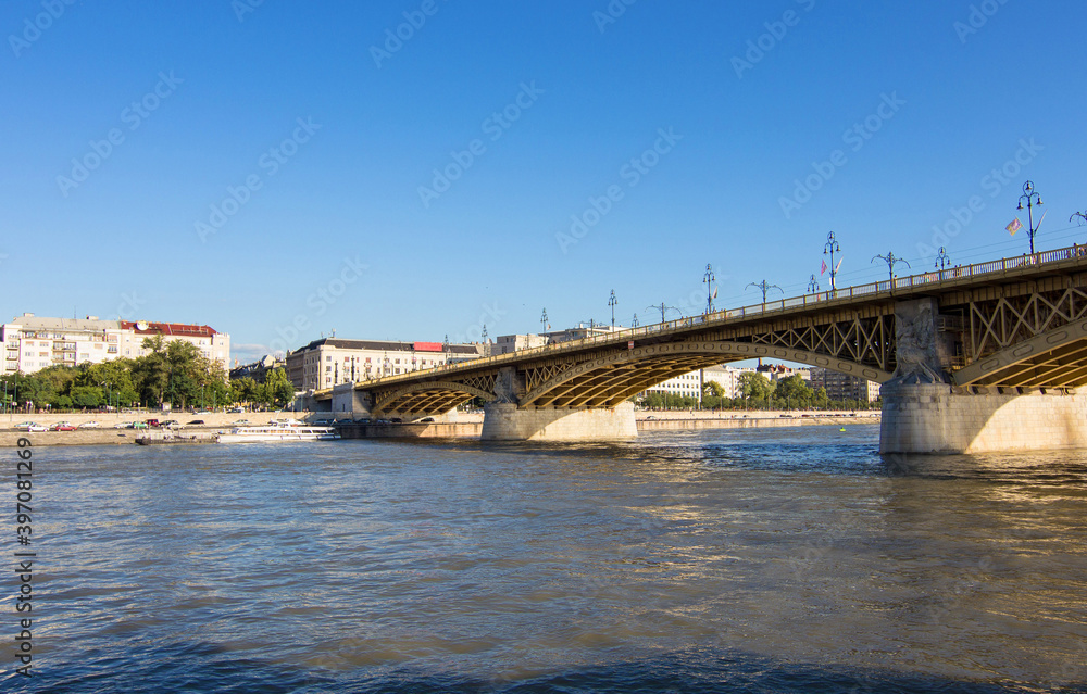 Margaret bridge connects Buda and Pest and crosses the Danube River in Budapest, capital of Hungary.
