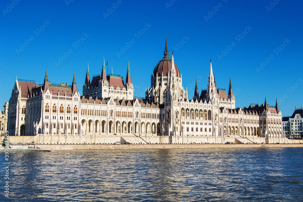 Hungarian National Parliament Building on the bank of the Danube river in Budapest, capital of Hungary. 
Hungarian landmark and a popular tourist destination in Budapest. Designed in neo-Gothic style