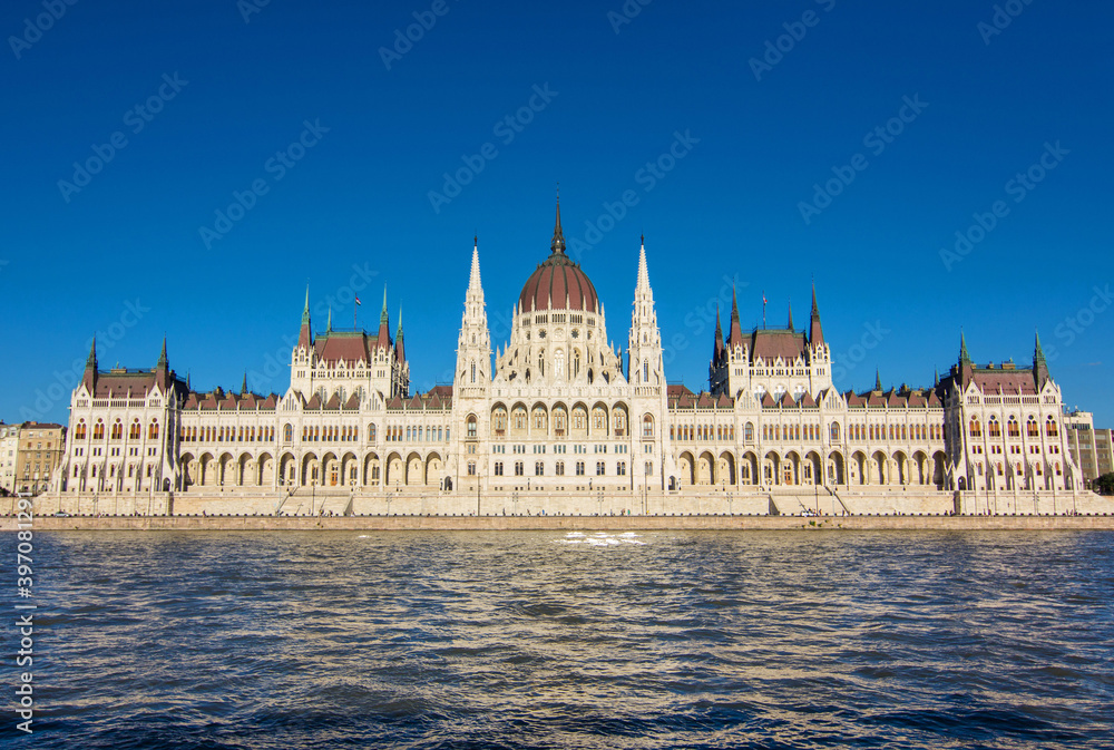Fototapeta premium Hungarian National Parliament Building on the bank of the Danube river in Budapest, capital of Hungary. Hungarian landmark and a popular tourist destination in Budapest. Designed in neo-Gothic style