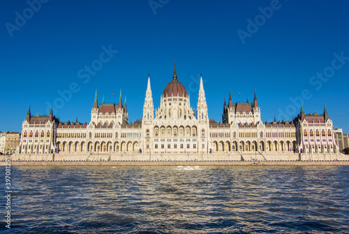 Hungarian National Parliament Building on the bank of the Danube river in Budapest, capital of Hungary. Hungarian landmark and a popular tourist destination in Budapest. Designed in neo-Gothic style