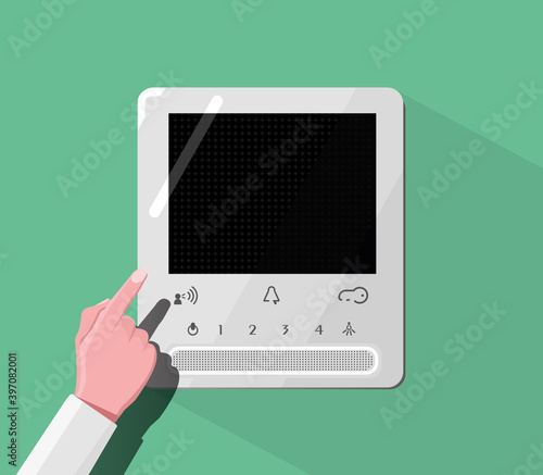 The hand pressing the door opening button on the door a video door phone closed screen. Modern video entry phone. Smart Home. Safety System.