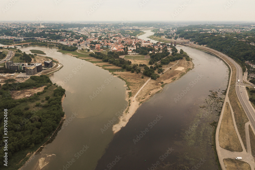 look view from above drone shot aerial Kaunas, Lithuania river Nemunas Nemuna