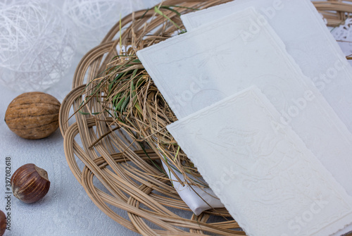 Traditional east european christmas eve wafer on plate with hay photo