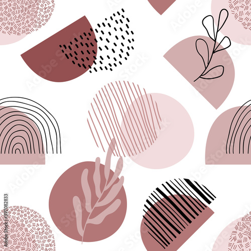 Abstract seamless pattern in trendy style with botanical and geometric elements, textures. Natural earthy colors. 