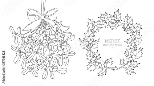 Mistletoe hanging and holly berry border. Christmas decoration. Vintage vector artwork. Black and white. Coloring book page. Hand drawn. Holiday concept for invitation greeting card, print, poster