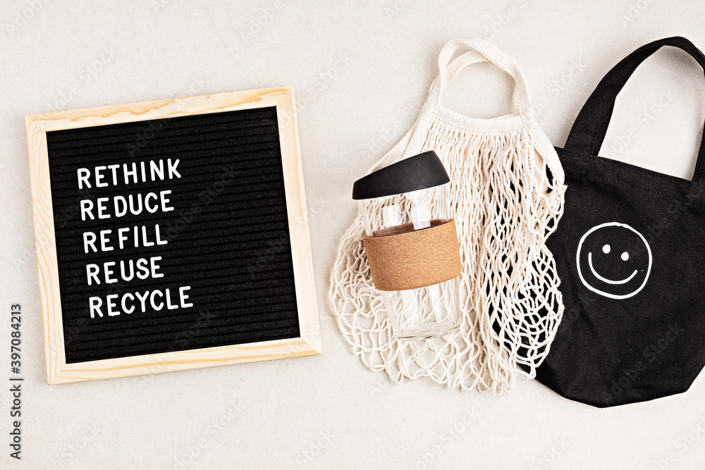 Rethink, reduce, refill, reuse, recycle. Black letter box with eco ...