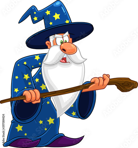 Old Wizard Cartoon Character With A Cane Making Magic. Vector Illustration Isolated On White Background