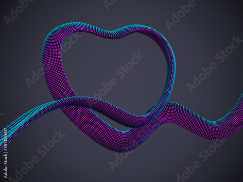 3D digital futuristic neon heart on gray background. Abstract vector illustration of online dating and virtual love. Concept of digital technology in medicine. Greeting postcard for Valentines Day.