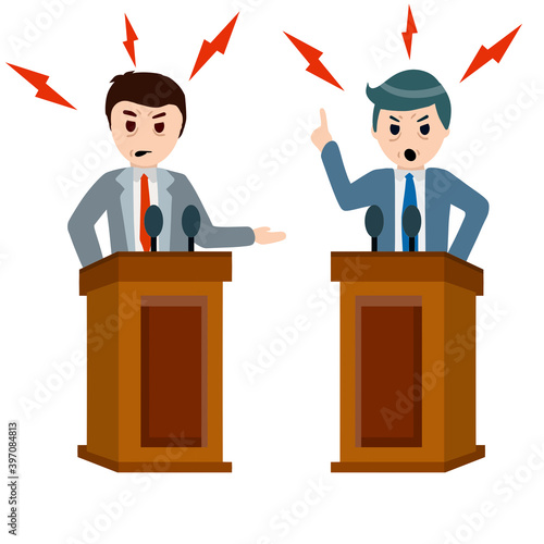 Political debate and dispute between two presidential candidates. Tribune and stand. Dialogue and elections. Podium for speech. Rostrum and man in suit.
