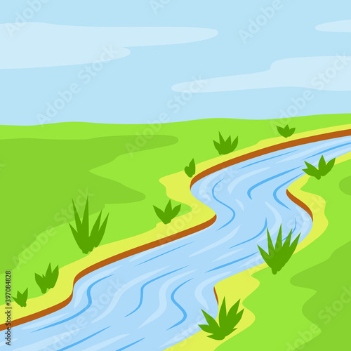 River. Natural landscape. Blue pond with water. Place for recreation and fishing. Summer landscape and green grass. Flat cartoon illustration
