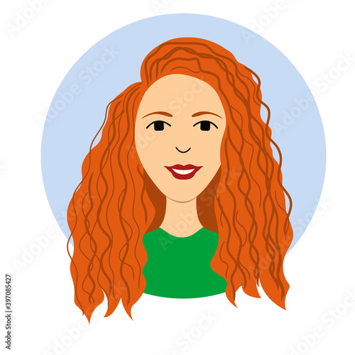 Portrait of beautiful young woman with curly red hair. Beautiful women face vector illustration. Happy cheerful young woman.
