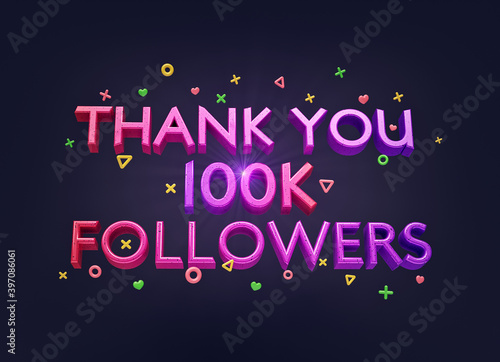 simple 100k followers celebration banner with 3d text. Social media achievement poster. 3d rendering