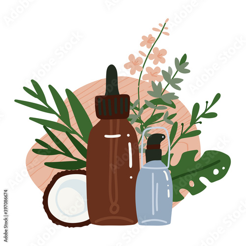 Coconuts serum and coconut oil with tropical palm leaves. Organic cosmetics. Healthcare isolated concept. Alternative therapy. Vector flat hand drawn illustration on white background.