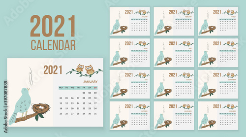 Bird illustrated desk 12 page calendar for 2021