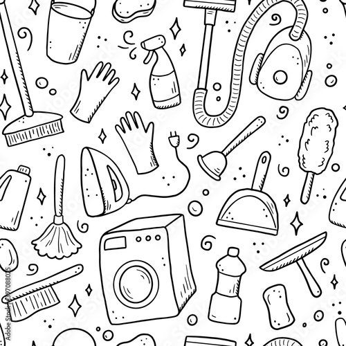 Hand drawn seamless pattern of cleaning equipments, sponge, vacuum, spray, broom, bucket. Doodle sketch style. Clean element drawn by digital brush-pen. Illustration for background, wallpaper, banner.