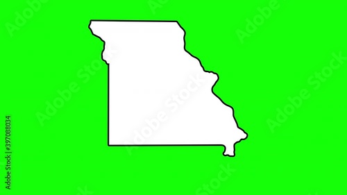 Missouri State of USA with pointer in capital Jefferson City. Animated close up map of Missouri highlighted from map of USA. Zoom showing of state for social information, news. 4K. Alpha channel.