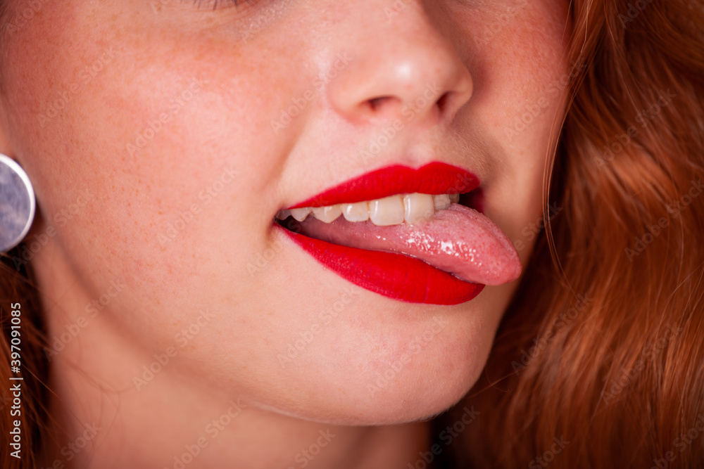 Fototapeta premium smile happy with red lips, cute young girl smiling with teeth, snow-white smile