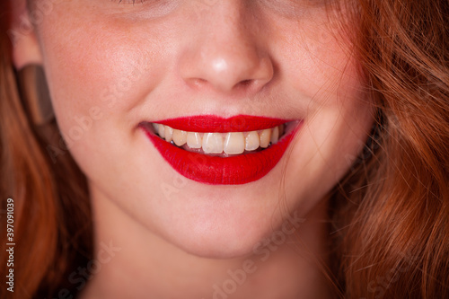 smile happy with red lips  cute young girl smiling with teeth  snow-white smile
