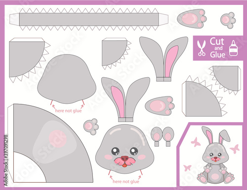 Cut and glue the paper cartoon bunny. Kids craft page. Diy the toys rabbit. Children art game. Finger puppets. Vector illustration.