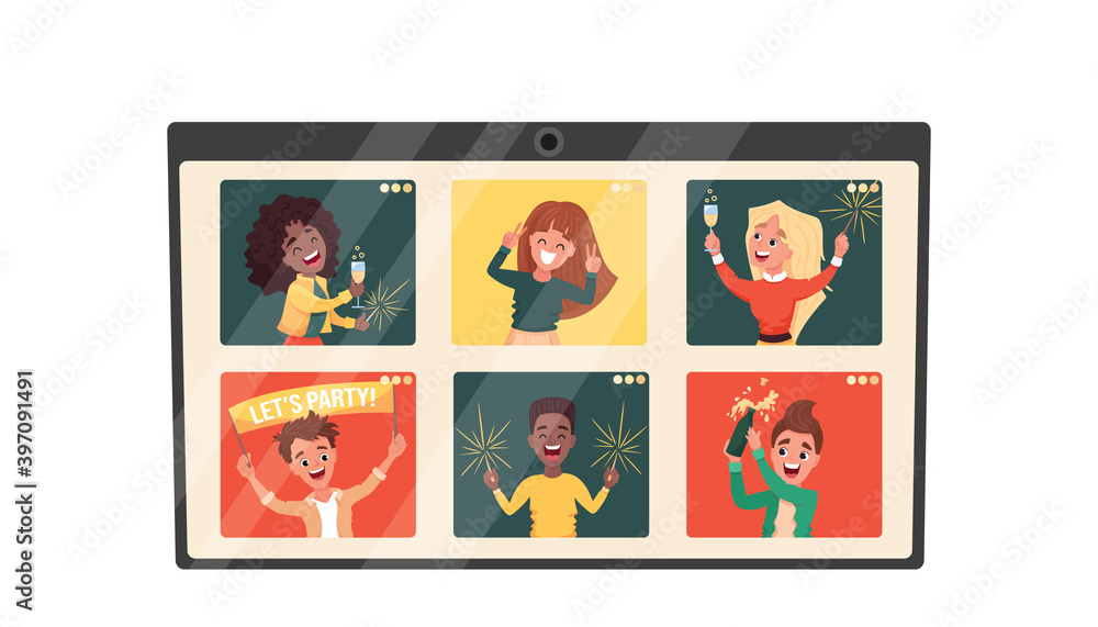 Virtual online party concept. Tablet with windows where diverse people at their home celebrating new year, Christmas, birthday via video chat isolated on white background Vector cartoon illustration Virtual online party concept. Tablet with windows where diverse people at their home celebrating new year, Christmas, birthday via video chat isolated on white background Vector cartoon illustration