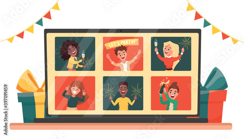 Online virtual house party. Diverse people dancing and chatting celebrating the holiday on via video call. Friends meeting up online. Vector cartoon flat illustration 