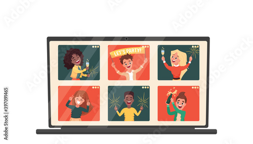 Virtual online party concept. Laptop with windows where diverse people at their home celebrating new year  Christmas  birthday via video chat isolated on white background  Vector cartoon illustration