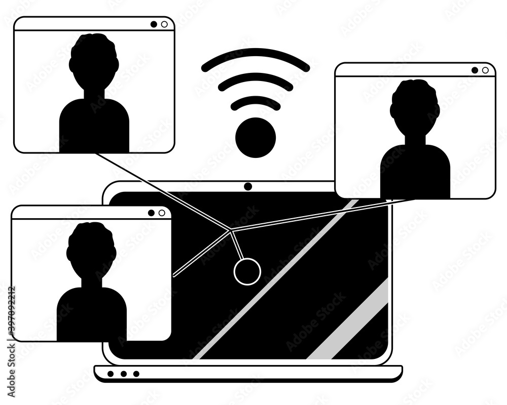 Internet multi call, zoom conference, online lesson, work live stream. Silhouette icon of remote network, education, brainstorming, meeting. Chat application