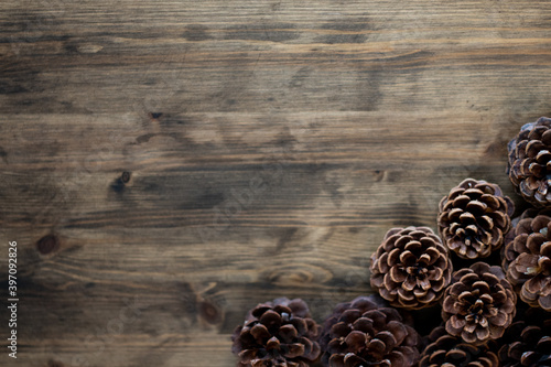 Pinecones on wood stained table for copy