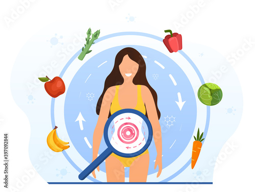 Metabolism of human organism. Cartoon young woman eating diet food for energy. Digestion, metabolic system and hormones concept. Abstract concept. Cartoon flat vector illustration