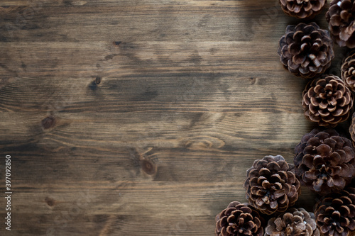 Pinecones on dark stained wood table for copy