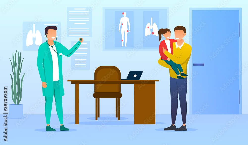 Doctor and visitors in pediatrician office. Pediatrist in uniform meet father and daughter. Healthcare consultation, medical checkup and prescription for parent. Vector illustration
