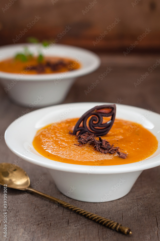 Spicy Pumpkin Soup Garnished with Chocolate Spicy Pumpkin Soup Garnished with Chocolate