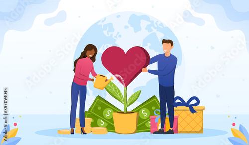 Philanthropy abstract concept. Voluntary charity persons. Symbolic love, humanity as nonprofit social teamwork. Support contribution, gifts and abstract public improvement. Vector illustration photo
