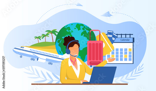Touristic service with travel company manager. Airline call center manager wearing headset, using laptop, consulting customers. Choosing vacation tour concept. Vector illustration
