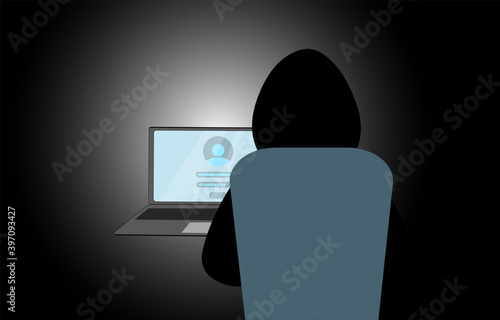 The hacker is sitting at the laptop. A hacker breaks into someone's information. Vector illustration
