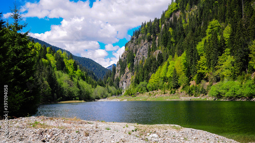 The sandy shore of mountain lake Petrimanu in a summer day. Capatanii Massif, Carpathian Mountains, Romania