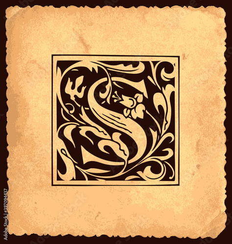 Black initial letter S with Baroque decorations in vintage style on an old paper background. Beautiful filigree capital letter S suitable for monogram, greeting card, invitation, logo, emblem