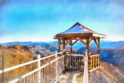 Wooden pavilion with scenery mountains view, Caucasus colorful painting looks like picture. © idea_studio
