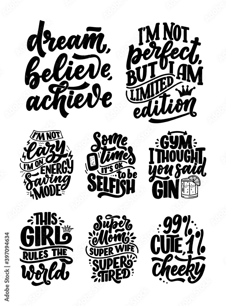 Set with funny hand drawn lettering compositions. Cool phrases for print  and poster design. Inspirational feminism slogans. Girl power quotes.  Greeting card template. Vector Stock Vector | Adobe Stock