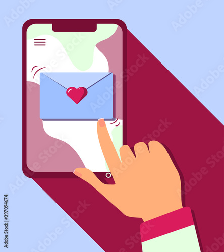 New incoming love message screen notification. Finger tap gesture, smartphone, envelope with heart. Romantic chat, dating application, long distance relationship concept illustration. Flat vector.