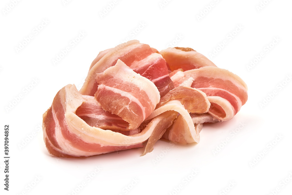Bacon slices, sliced pork brisket, isolated on white background Bacon slices, sliced pork brisket, isolated on white background