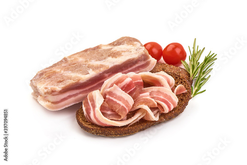Sliced pork bacon, isolated on white background