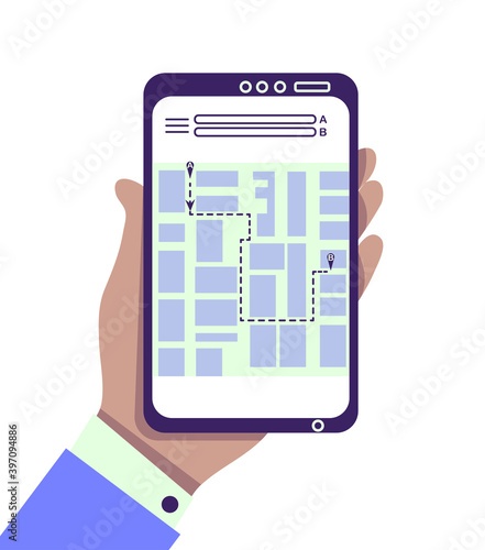 Hand with smartphone, application to order taxi, online navigation map, drive from point A to B, route map, find address. Search best way. Flat isolated vector illustration. Tracking delivery info
