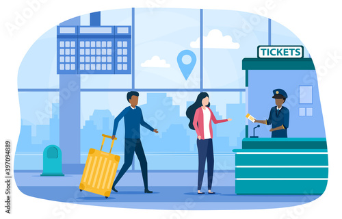 Couple standing towards a ticket service. People buying tickets for city public transport. Cartoon flat vector illustration isolated on white background