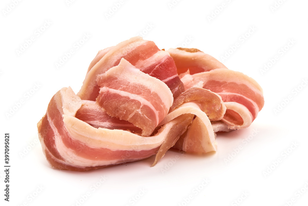 Bacon slices, sliced pork brisket, isolated on white background Bacon slices, sliced pork brisket, isolated on white background