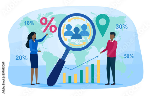 Demography abstract concept. Scientist studying population, analyze data about demographic numbers, in area over a period of time. Cartoon flat vector illustration isolated on white background