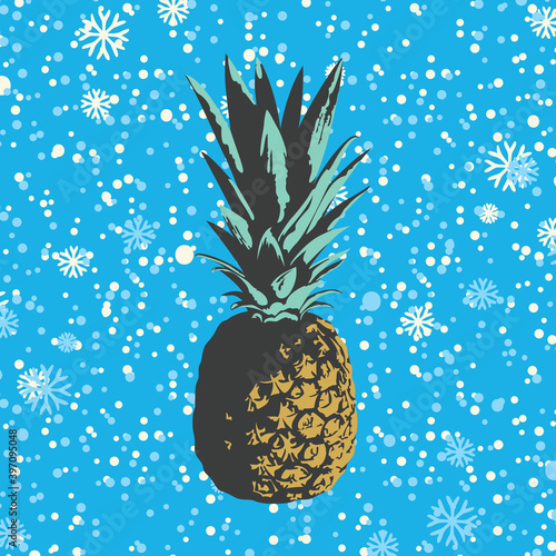 Whole pineapple fruit close-up on a blue background with white snowflakes. Vector illustration of a sweet tropical ripe pineapple with leaves. Suitable for new year invitation, greeting card, poster