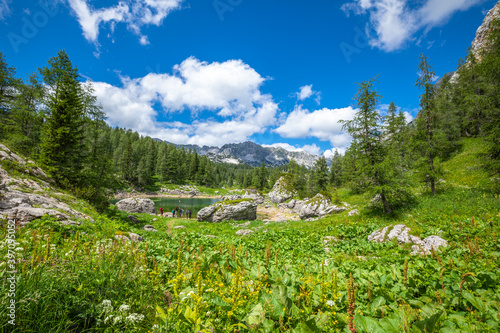 A beautiful view of the Triglav mountains and the lakes during the hike Triglav Seven Lakes, Triglav national park, Slovenia.